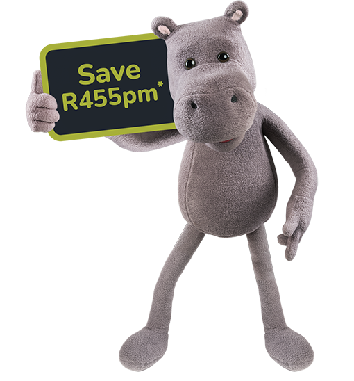 Hippo holding board, Save 'R455 on car insurance'