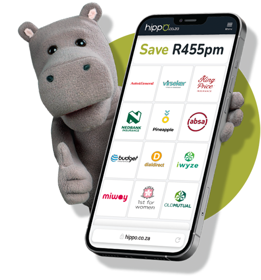 Hippo holding phone, Save 'R455 on car insurance'