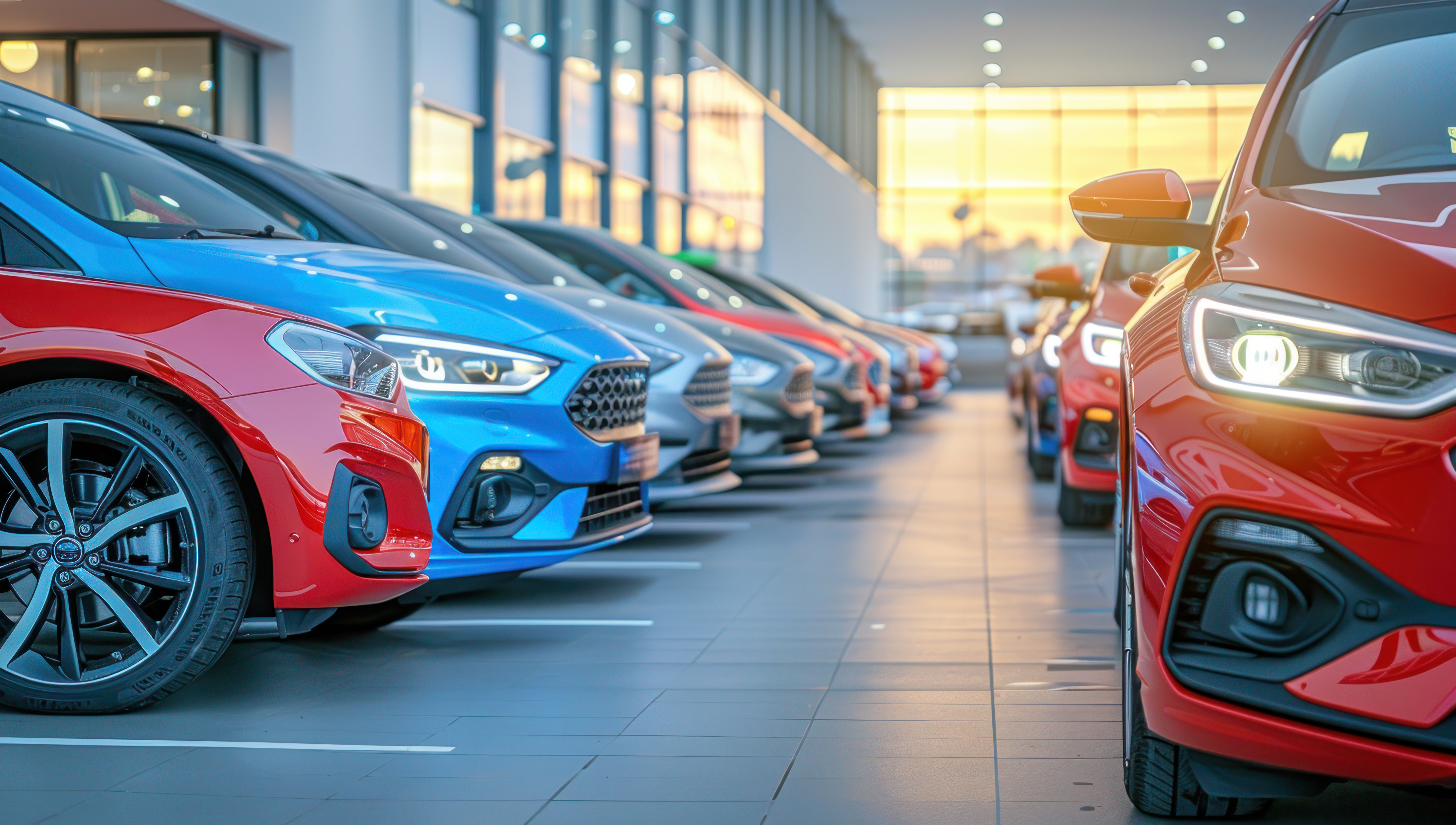 Row of secondhand cars displayed in dealership with modern lighting and pristine presentation