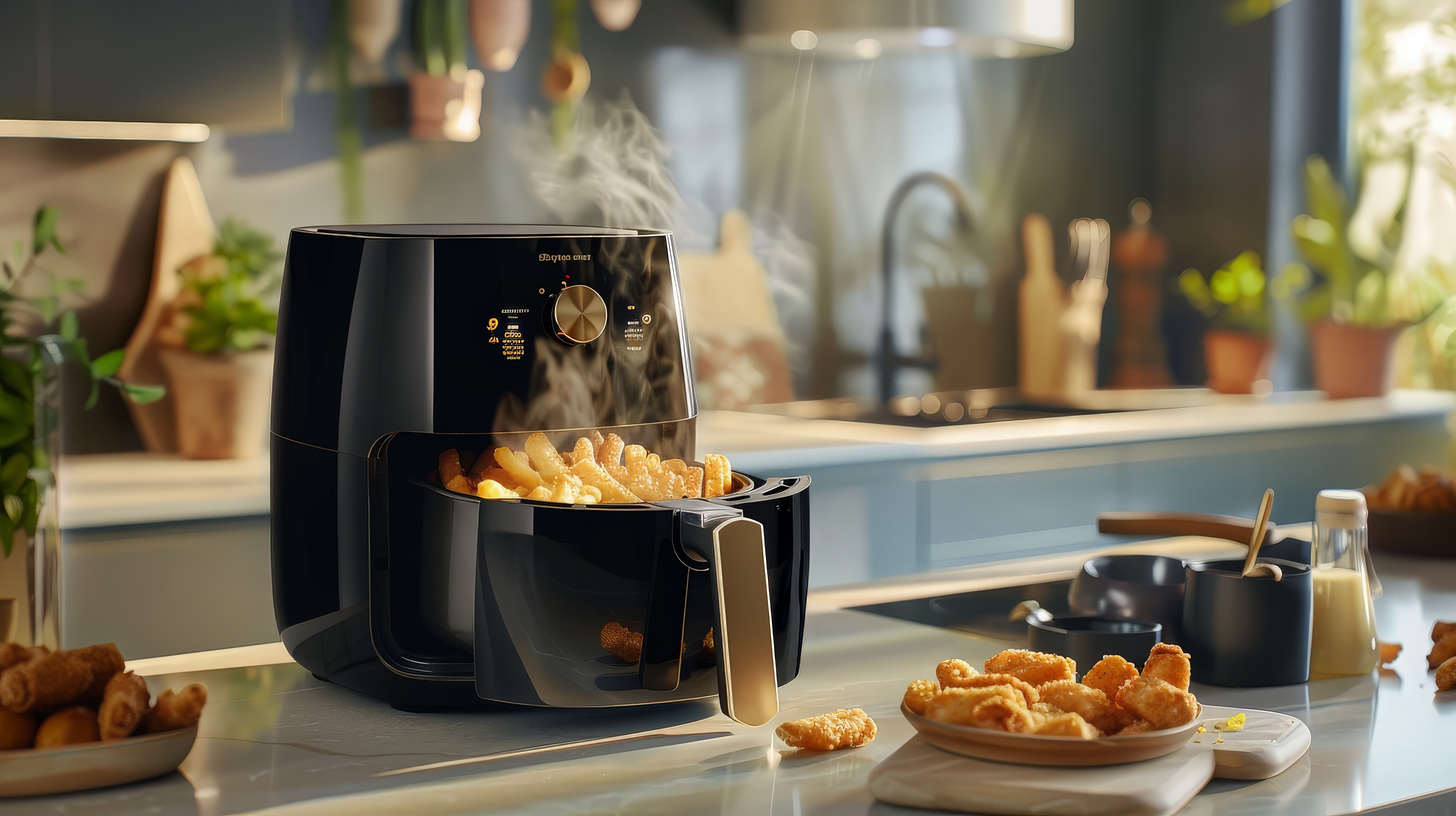 Air fryer cooking crispy fries in a modern kitchen