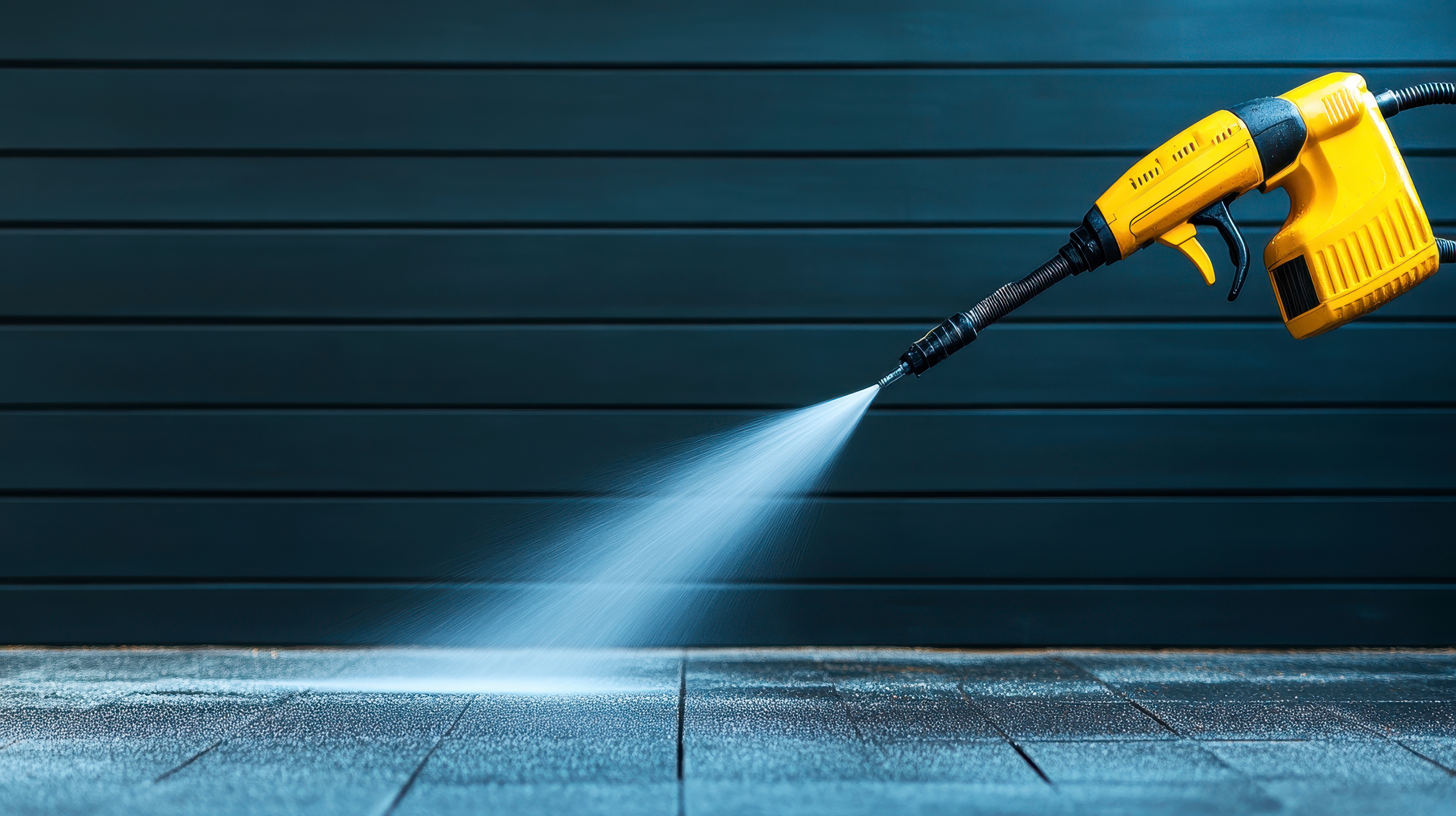 Yellow high-pressure washer spraying water onto a dark surface.