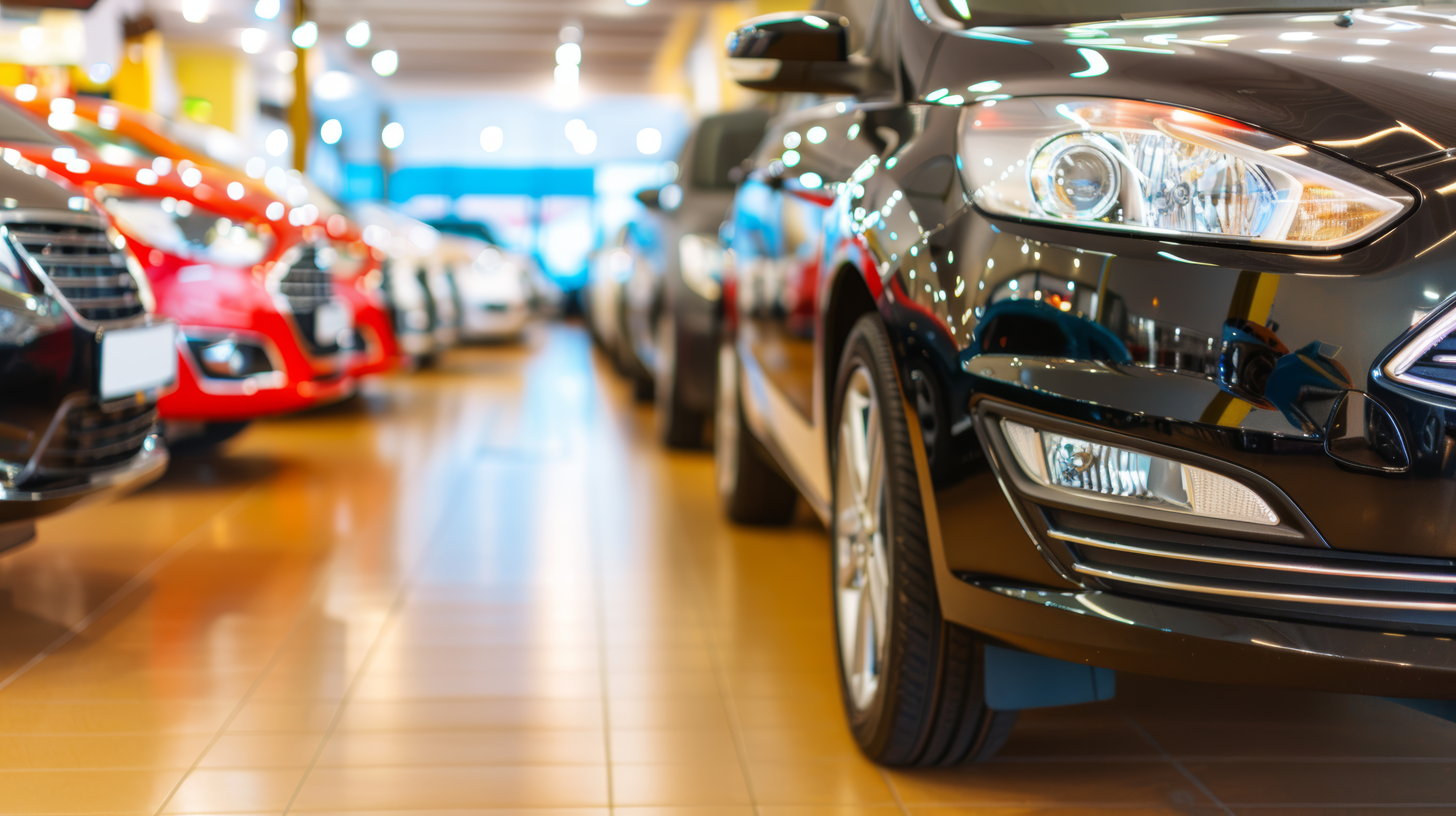 Close-up view of a black car's front grille and headlight in a showroom, with rows of vehicles displayed in the blurred background.