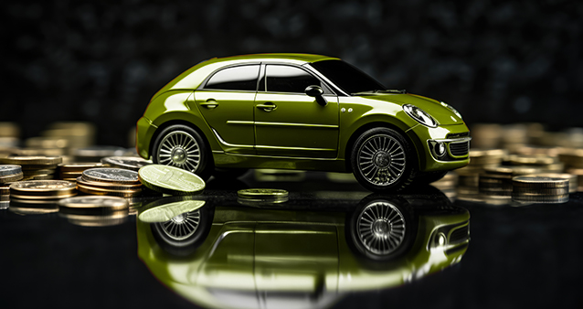 Green miniature car on coins, symbolizing the cost of car insurance in South Africa