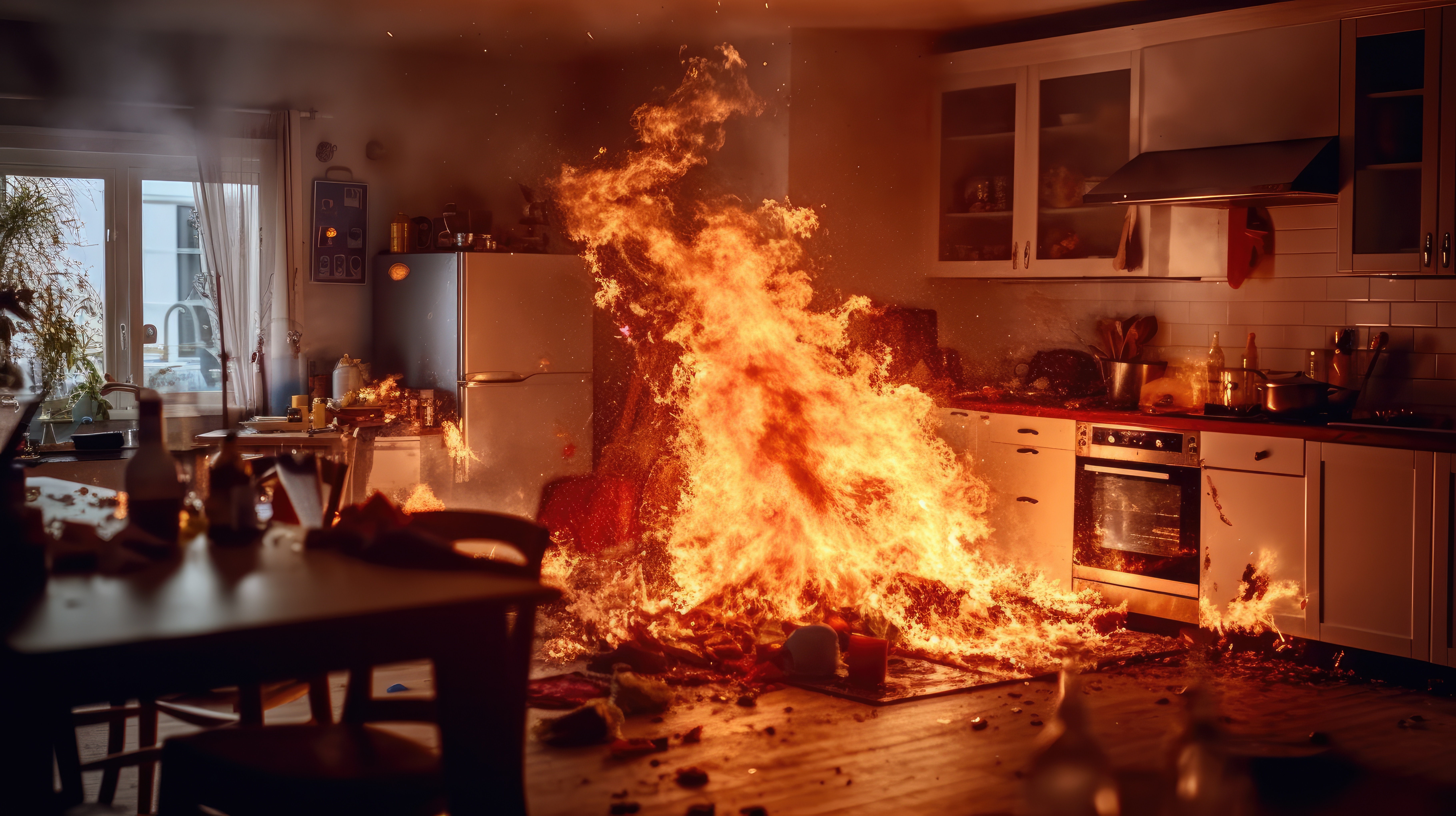 Dramatic kitchen fire scene emphasizing the critical need for home insurance coverage and contents protection