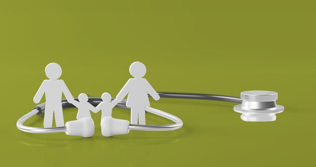 Medical scheme family protection concept illustrated with white paper figures and professional stethoscope.