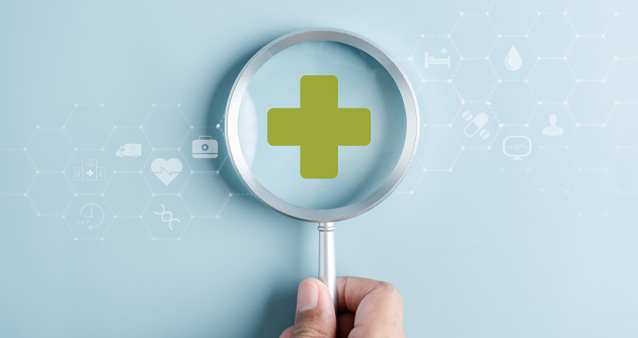 Medical Schemes search concept with magnifying glass and green healthcare cross